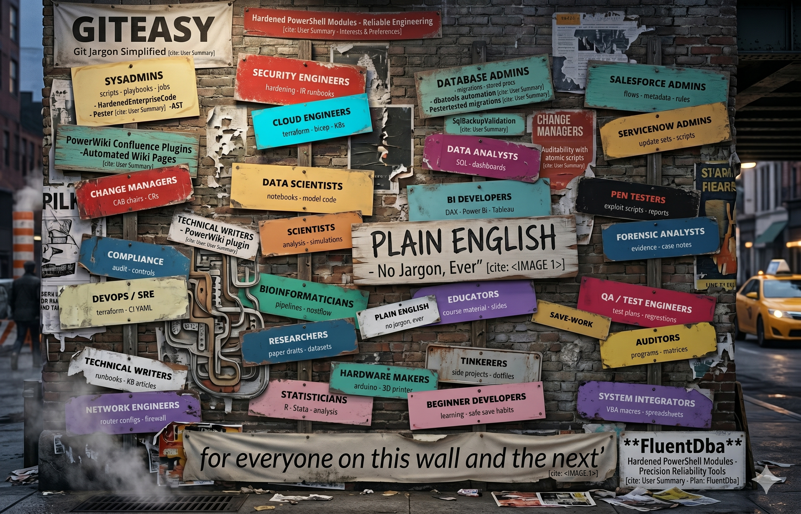 GitEasy audience — a photorealistic city wall covered in colorful flyers for sysadmins, change managers, DBAs, data scientists, and dozens more.